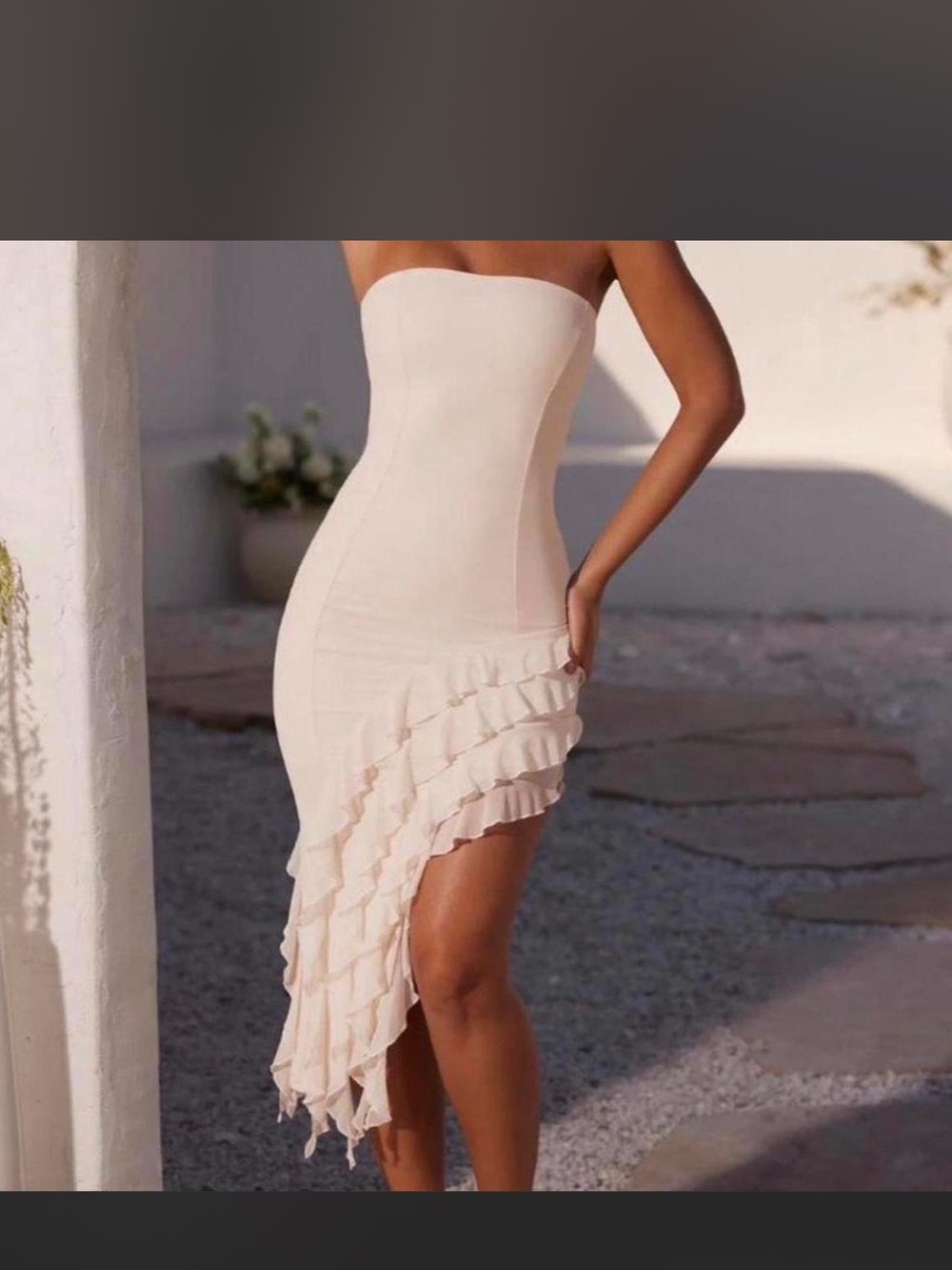 Oh Polly Nasrin Bandeau Ruffle Asymmetric Hem Midi Dress in Ivory size 2